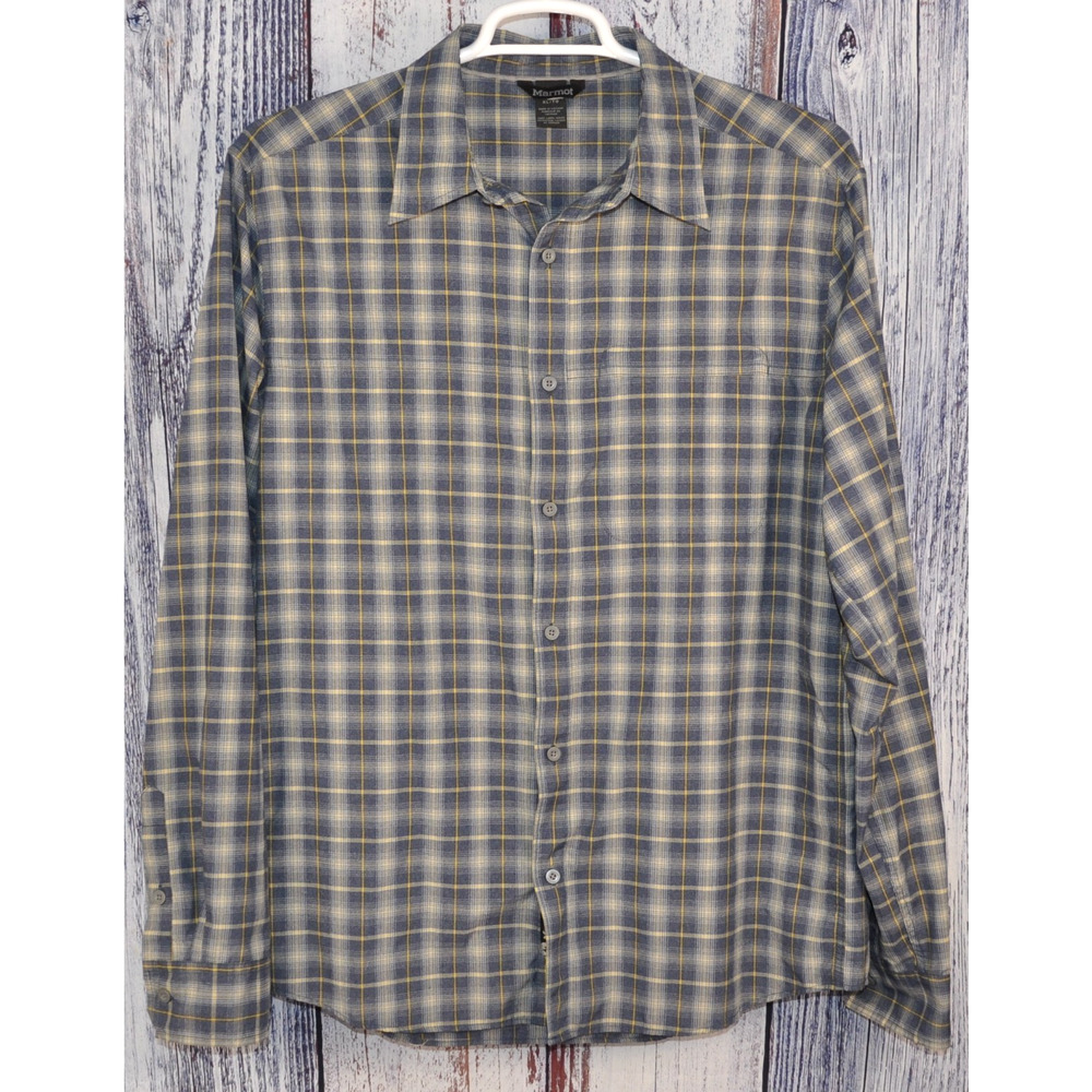 Marmot Men’s XL Long Sleeve Button Down Shirt Blue Plaid Nylon/Polyester